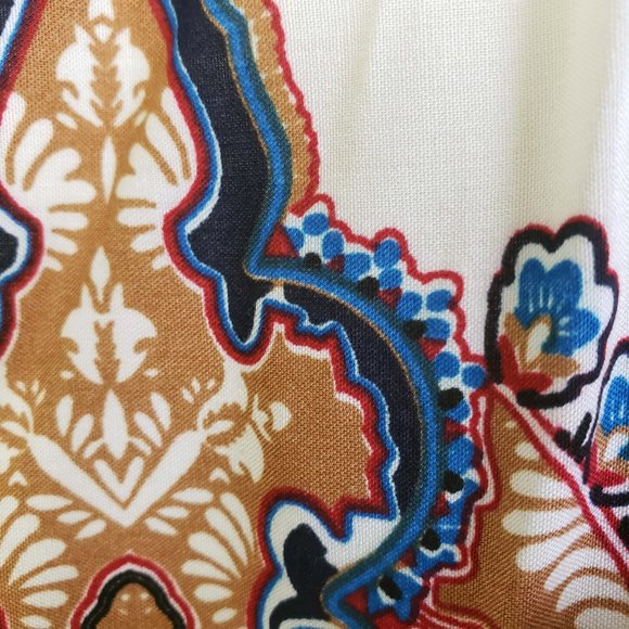 Women's Ivory Blue Indian Paisley Sleeveless Tie Neck Knee Length Sheath Dress - Picture 6 of 10